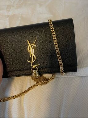Saint Laurent Black Leather Chain Wallet with Gold YSL Tassel